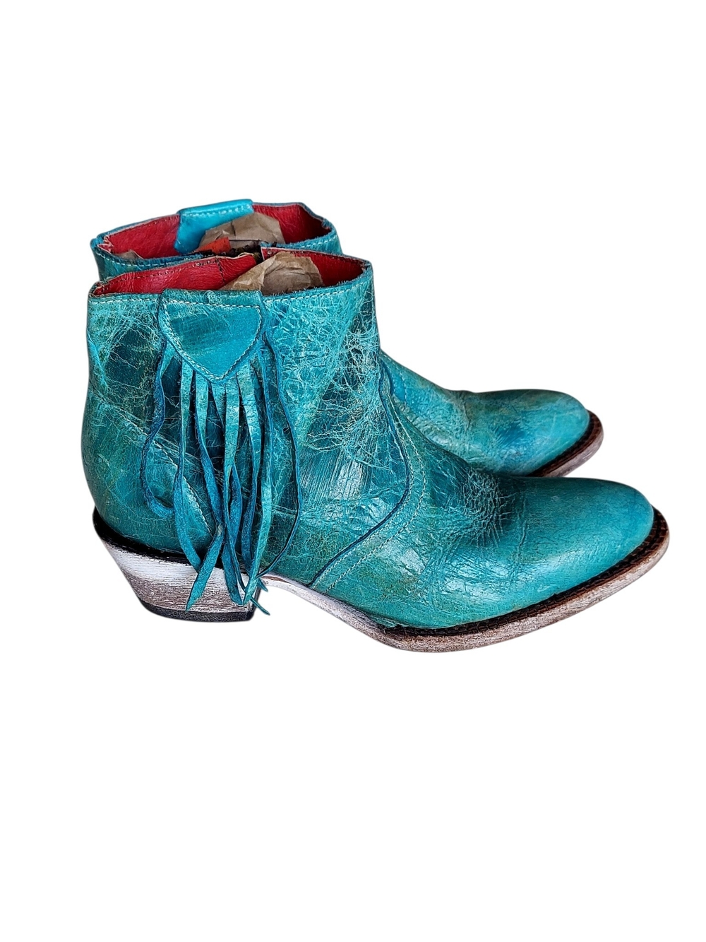 Ferrini Turquoise Teal Leather Fringe Western Ankle Boots 6.5 Coastal Cowgirl - Picture 6 of 12